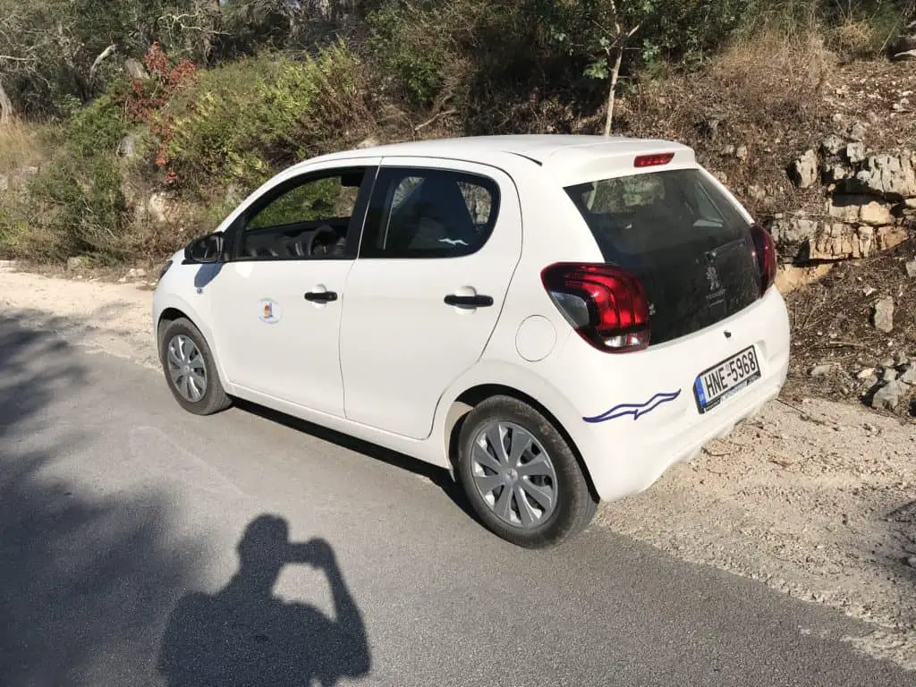 My Peugeot 108 hire car on the Greek Island of Paxos